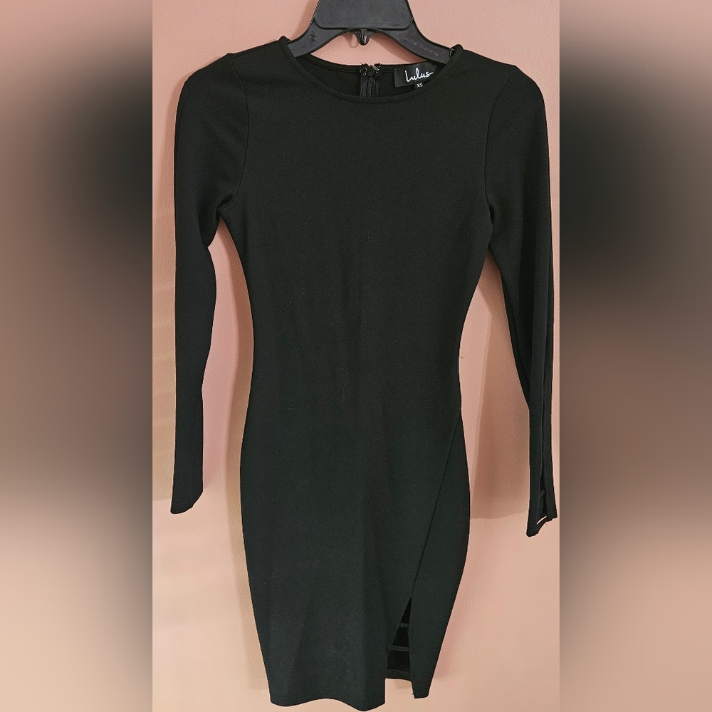 Lulu's Black Bodycon Mini Classic Black Dress Boat Neck Side Slit Long Sleeve XS